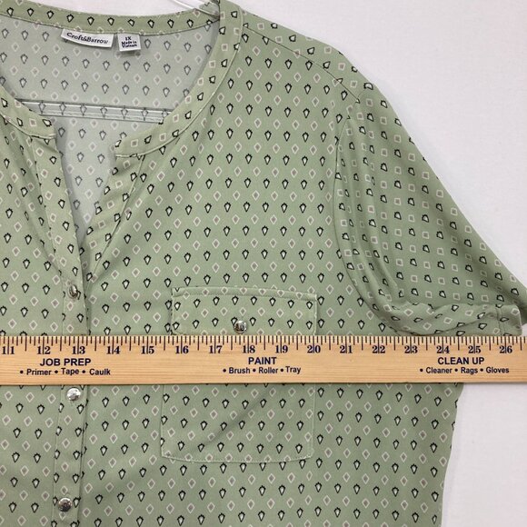 Croft & Barrow size 1X Green Sage Geometric Print Stretch Short Sleeve Button Up - Picture 6 of 9